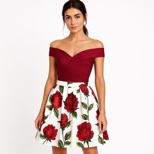 WOW couture to piece red floral off shoulder skirt set medium